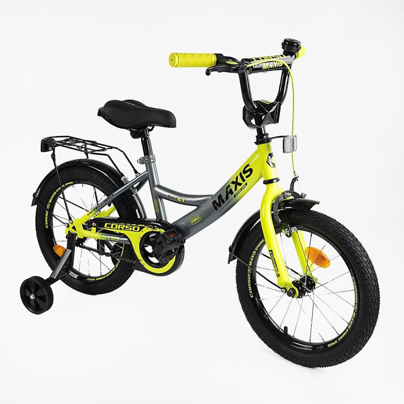 Велосипед 16" дюймов 2-х колесный "CORSO" MAXIS CL-16393 (1) ручной тормоз, колокольчик, сиденье с ручкой, дополнительные колеса, СОБРАННЫЙ НА 75%, в коробке